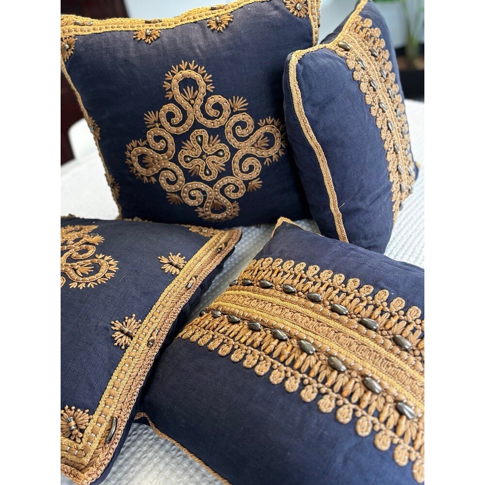 Ankasa Embroidered Navy and Gold Throw Pillows